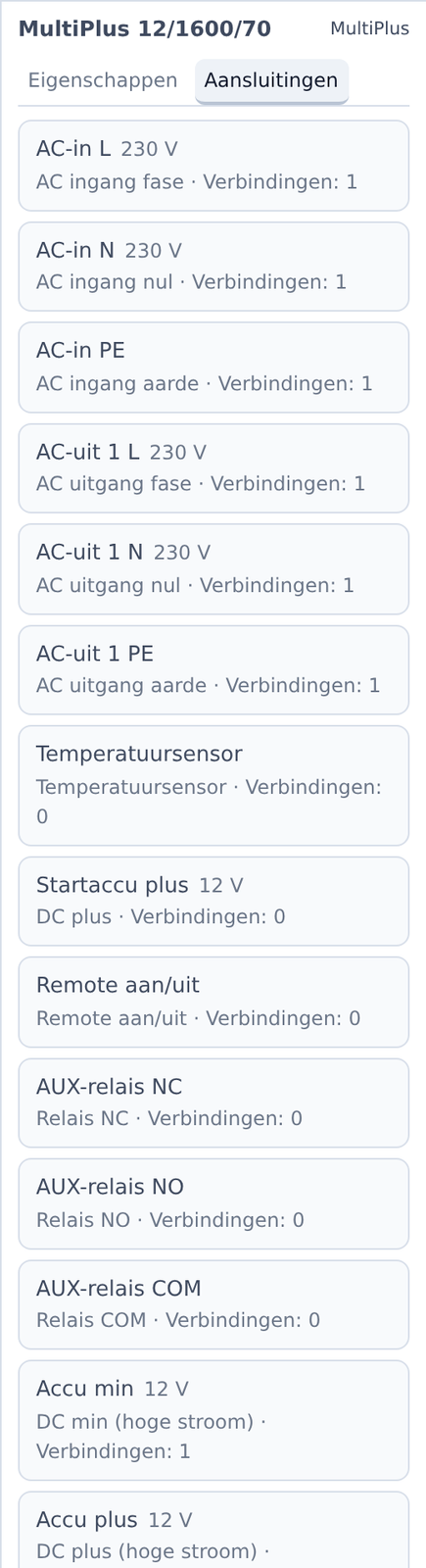 Schermafbeelding van WireElectric met een MultiPlus 12/1600/70 geselecteerd en het tabblad Aansluitingen open, met AC-in, AC-uit, accuklemmen en hulpaansluitingen.