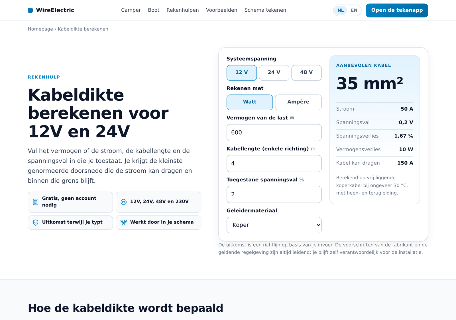 Schermafbeelding van de rekenhulp kabeldikte op WireElectric.nl met stroom, kabellengte, spanning en het berekende resultaat.